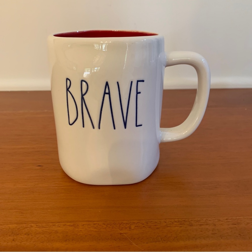 Rae Dunn "BRAVE" Mug white Farmhouse Style with Blue Lettering, RED interior